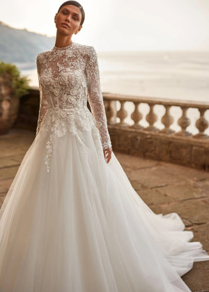 Long Sleeves Beaded Ivory Lace Tulle Floral Garden Wedding Dress